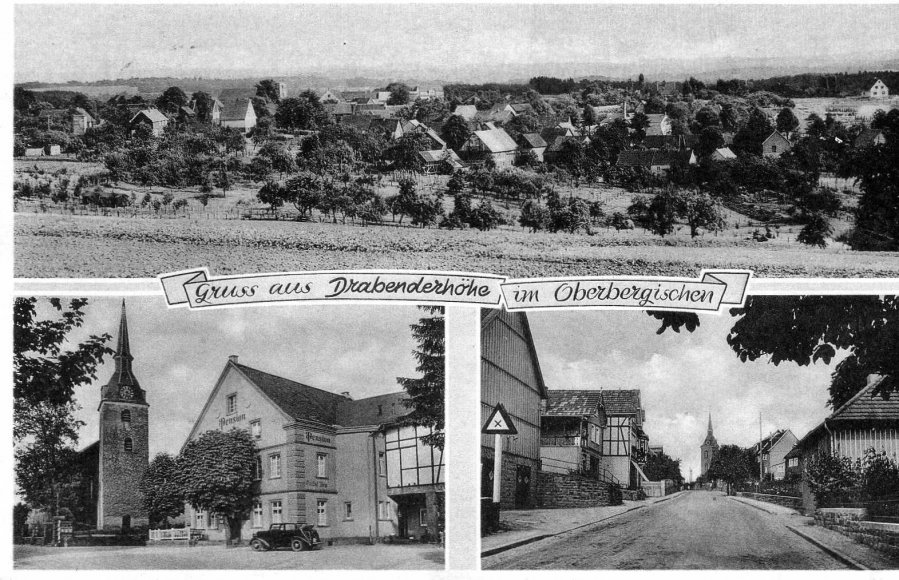 Postkarte um 1950, oben Kirche noch ohne Turm, unten Vorkriegsaufnahmen