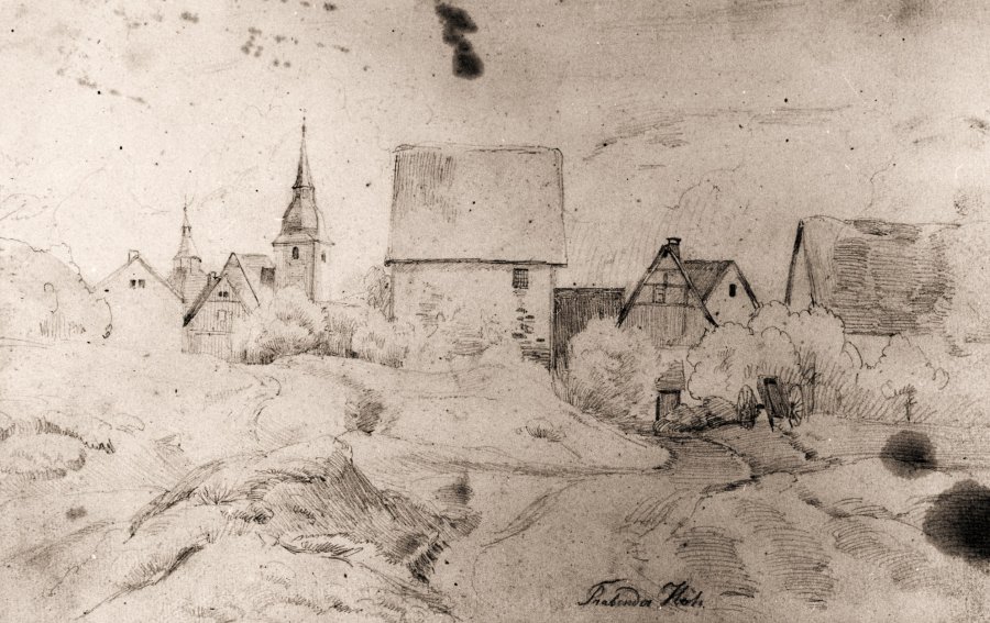 Zeichnung Wilhelm Klein 1837 auf die alte Kirche und den Ortsteil Schniffel,...